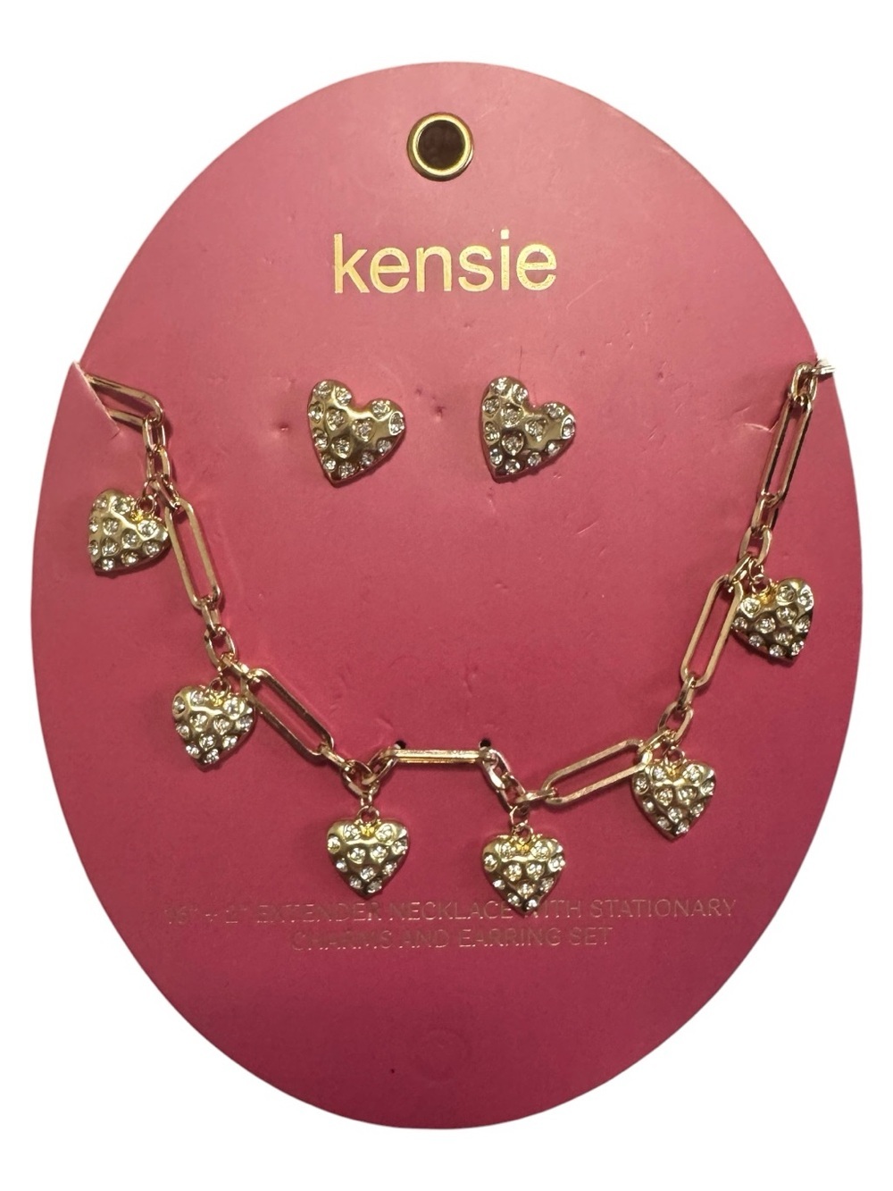 NWT Kensie Gold Paperclip Rhinestone Heart Charm Necklace & Stud Earrings Set